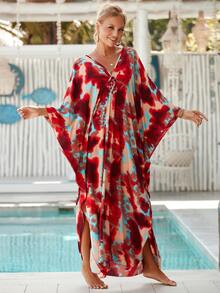 Tie Dye Print Batwing Sleeve Cover Up Dress House Dress - Red - View 9