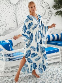 Blue Feather Print House Kaftan Batwing Sleeve Cover Up Dress Summer