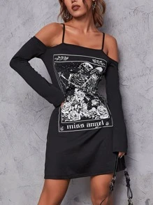 Letter & Skull Print Cold Shoulder Dress - Black - View 3