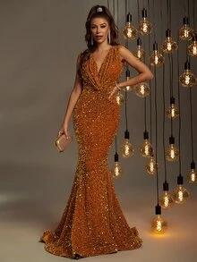 Faeriesty 深V领亮片美人鱼礼服，优雅适合晚宴、婚礼宾客、毕业典礼及其他正式场合。 - 橘色 - 查看 5