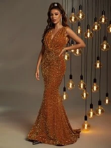 Faeriesty 深V领亮片美人鱼礼服，优雅适合晚宴、婚礼宾客、毕业典礼及其他正式场合。 - 橘色 - 查看 6