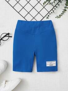SHEIN 女孩字母貼布騎行褲 - 藍色 - 查看 1