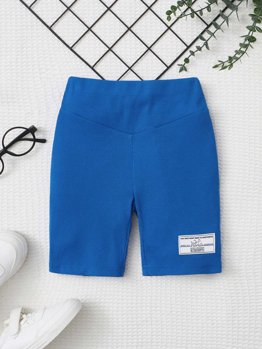 SHEIN 女孩字母貼布騎行褲 - 藍色 - 查看 1