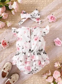 Baby Floral Print Ruffle Trim Bodysuit & Accessory Headband