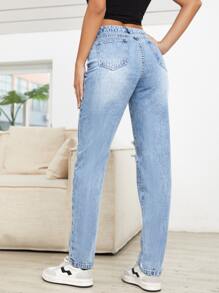 High Waist Ripped Mom Fit Jeans - Light Wash - View 2