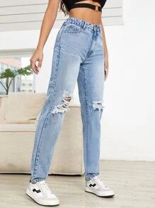 High Waist Ripped Mom Fit Jeans - Light Wash - View 4