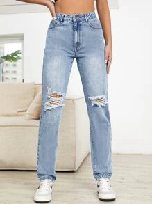 High Waist Ripped Mom Fit Jeans - Light Wash - View 5