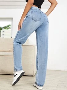 SHEIN EZwear 破洞直筒牛仔褲 - 淺色水洗藍 - 查看 2