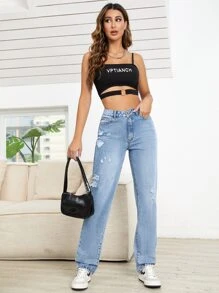 SHEIN EZwear 破洞直筒牛仔褲 - 淺色水洗藍 - 查看 4