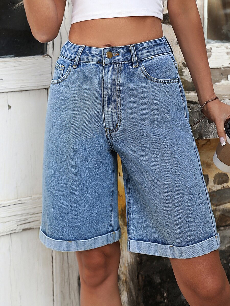 Roll Up Hem Bermuda Denim Shorts - Medium Wash - View 1