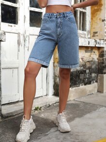 Roll Up Hem Bermuda Denim Shorts - Medium Wash - View 6