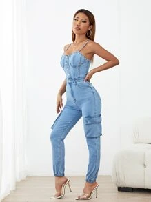 SHEIN Essnce Flap Pocket Side Cami Denim Jumpsuit - Medium Wash - View 1