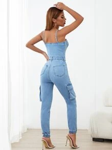 SHEIN Essnce Flap Pocket Side Cami Denim Jumpsuit - Medium Wash - View 2
