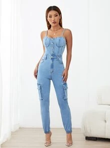 SHEIN Essnce Flap Pocket Side Cami Denim Jumpsuit - Medium Wash - View 4