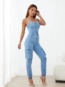 SHEIN Essnce Flap Pocket Side Cami Denim Jumpsuit - Medium Wash - View 5