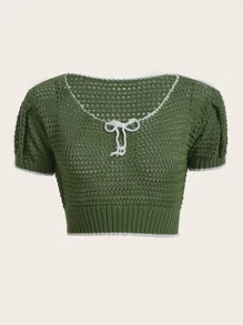 ROMWE Áo dệt kim nữ Thắt nơ trước màu trơn Giải trí - màu xanh lá - Xem 1