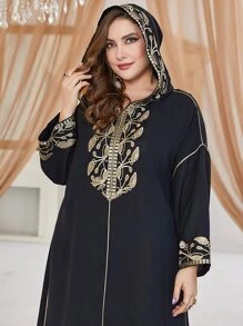 Al Najma Đầm Plus Size Thêu Thực vật Khiêm tốn - màu đen - Xem 5