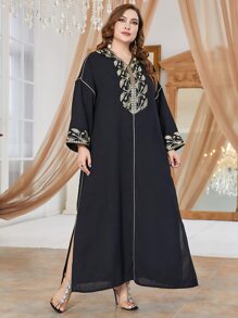 Al Najma Đầm Plus Size Thêu Thực vật Khiêm tốn - màu đen - Xem 7