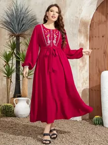 Al Najma Plus Floral Embroidery Lantern Sleeve Belted Dress - Rose Red - View 1