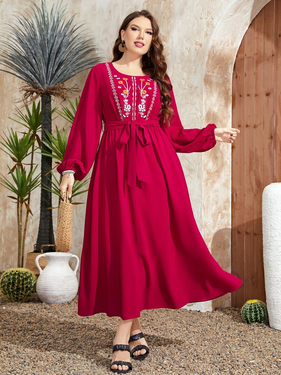 Al Najma Plus Floral Embroidery Lantern Sleeve Belted Dress - Rose Red - View 1