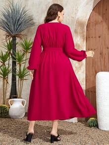 Al Najma Plus Floral Embroidery Lantern Sleeve Belted Dress - Rose Red - View 2