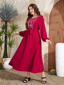 Al Najma Plus Floral Embroidery Lantern Sleeve Belted Dress - Rose Red - View 3