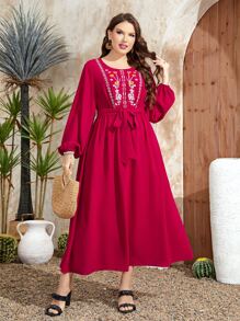 Al Najma Plus Floral Embroidery Lantern Sleeve Belted Dress - Rose Red - View 4
