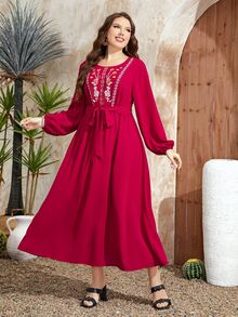 Al Najma Plus Floral Embroidery Lantern Sleeve Belted Dress - Rose Red - View 5