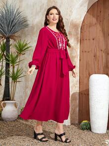 Al Najma Plus Floral Embroidery Lantern Sleeve Belted Dress - Rose Red - View 6