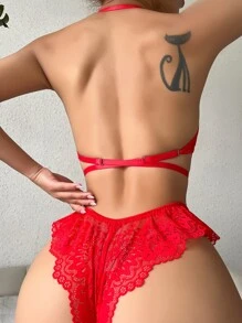 Classic Sexy Floral Lace Lingerie Set - Red - View 2