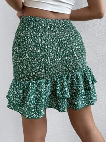 SHEIN VCAY Falda con estampado floral bajo con fruncido - Verde - Ver 2