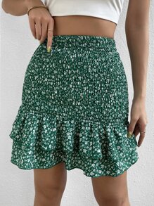 SHEIN VCAY Falda con estampado floral bajo con fruncido - Verde - Ver 4