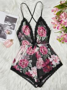 Floral Print Lace Trim Mesh Cami Romper - Multicolor - View 1