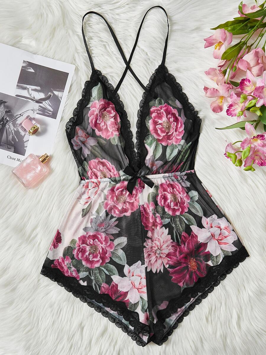 Floral Print Lace Trim Mesh Cami Romper - Multicolor - View 1