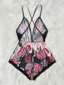 Floral Print Lace Trim Mesh Cami Romper - Multicolor - View 2