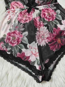 Floral Print Lace Trim Mesh Cami Romper - Multicolor - View 4