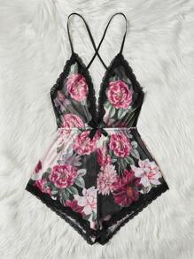 Floral Print Lace Trim Mesh Cami Romper - Multicolor - View 5