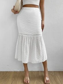 SHEIN LUNE Eyelet Embroidery Mermaid Hem Skirt - White - View 4