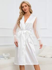 Bata de malla en contraste de manga con volante con cinturón de satén - Blanco - Ver 3