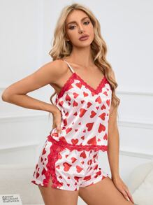 Heart Print Contrast Lace Satin PJ Set - Multicolor - View 5
