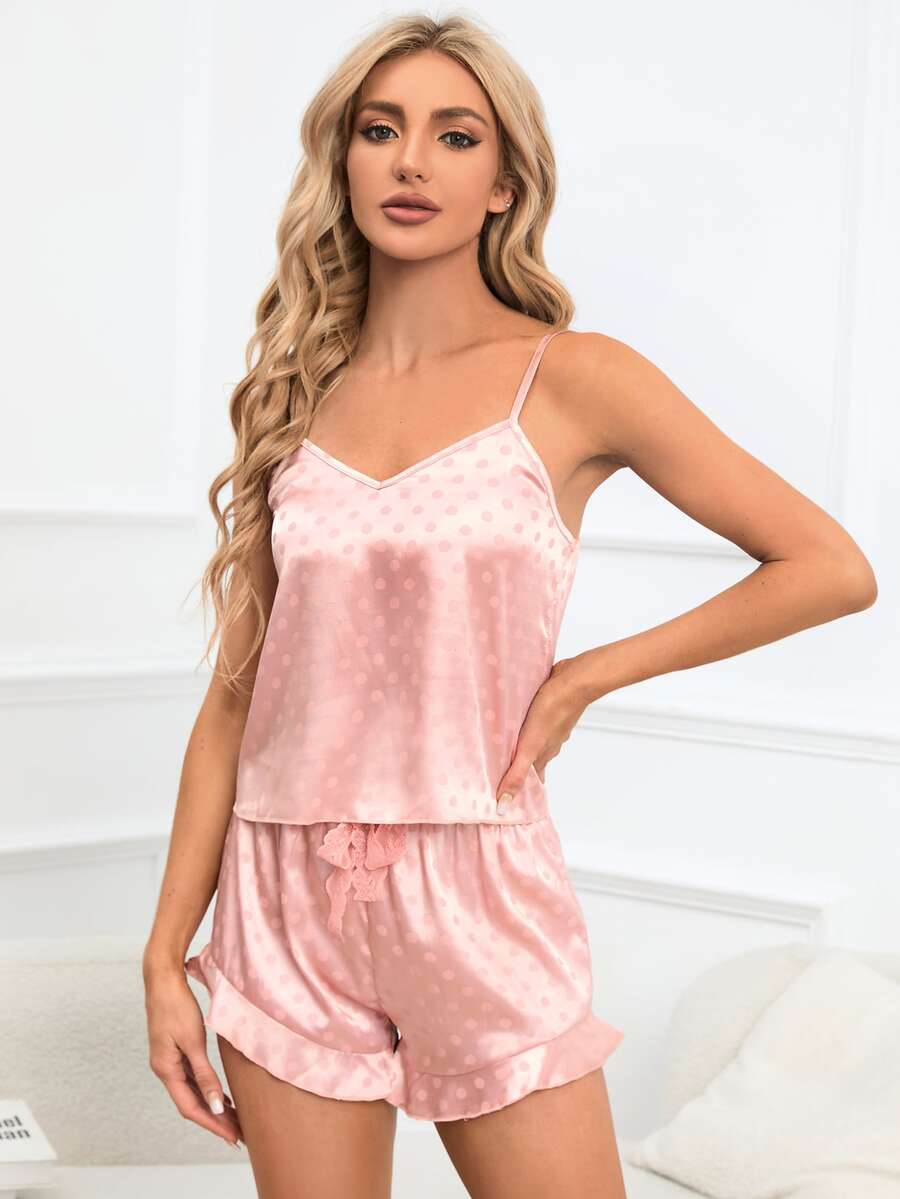 Polka Dot Print Satin Cami Top & Ruffle Hem Shorts PJ Set - Baby Pink - View 1