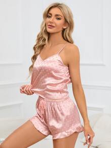 Polka Dot Print Satin Cami Top & Ruffle Hem Shorts PJ Set - Baby Pink - View 6