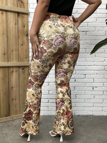 SHEIN Holidaya Plus Floral Print Flare Leg Trousers - Multicolor - View 3