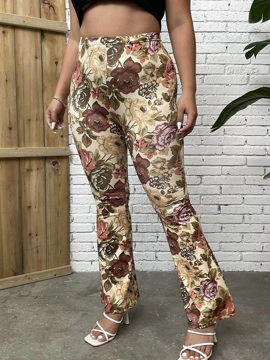 SHEIN Holidaya Plus Floral Print Flare Leg Trousers - Multicolor - View 1