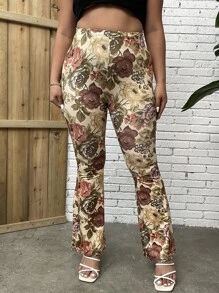 SHEIN Holidaya Plus Floral Print Flare Leg Trousers - Multicolor - View 4