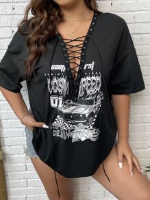 Flirla Áo thun Plus size Ren lên Thùa khuyết Ô tô/xe hơi Lá thư Gợi cảm - màu đen - Xem 1