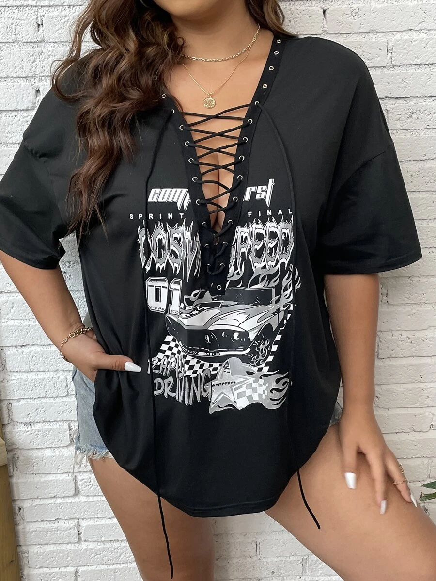 Flirla Áo thun Plus size Ren lên Thùa khuyết Ô tô/xe hơi Lá thư Gợi cảm - màu đen - Xem 1