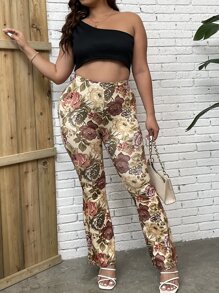 SHEIN Holidaya Plus Floral Print Flare Leg Trousers - Multicolor - View 5