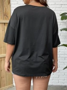 Flirla Áo thun Plus size Ren lên Thùa khuyết Ô tô/xe hơi Lá thư Gợi cảm - màu đen - Xem 2