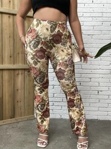 SHEIN Holidaya Plus Floral Print Flare Leg Trousers - Multicolor - View 6